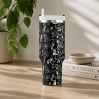 40oz Cat Pattern Tumbler With Ergonomic Handle Insulated Stainless Steel Travel Mug Black White Feline Design Double Wall Construction Hot Cold Beverage Storage Cat Lover Gift Pet Enthusiast Drinkware Large Capacity Hydration Container