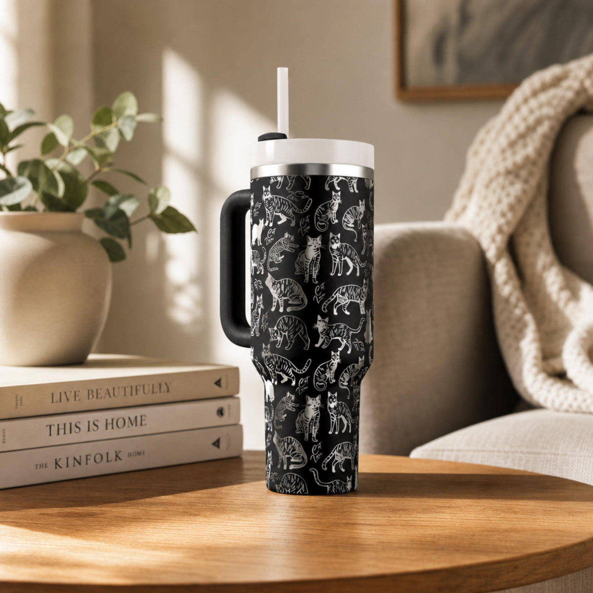 Black White Cat Design Tumbler 40oz Insulated Travel Mug With Handle Stainless Steel Double Wall Construction Pet Lover Gift Feline Pattern Drinkware Large Capacity Beverage Container Hot Coffee Cold Water Storage Cat Enthusiast Present