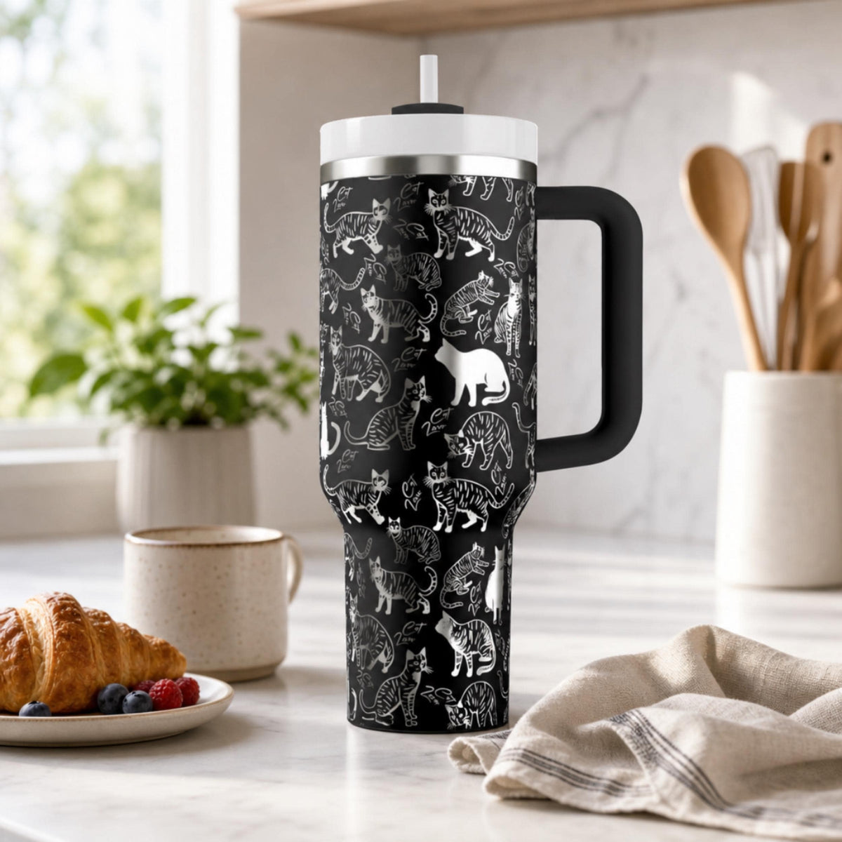 Insulated Cat Tumbler 40oz Stainless Steel Travel Mug With Handle Black White Pattern Design Double Wall Construction Temperature Control Hot Coffee Cold Water Storage Cat Lover Drinkware Pet Theme Gift Large Capacity Daily Hydration
