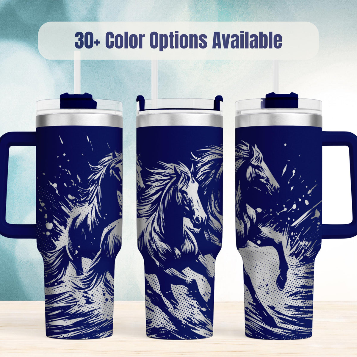 Horse Lover Gift Insulated Tumbler 40oz Stainless Steel Travel Mug Wild Horses Design Western Style Artwork Engraved Running Horse Pattern Double Walled Temperature Control Leak Resistant Lid Equestrian Drinkware Ranch Essential Stable