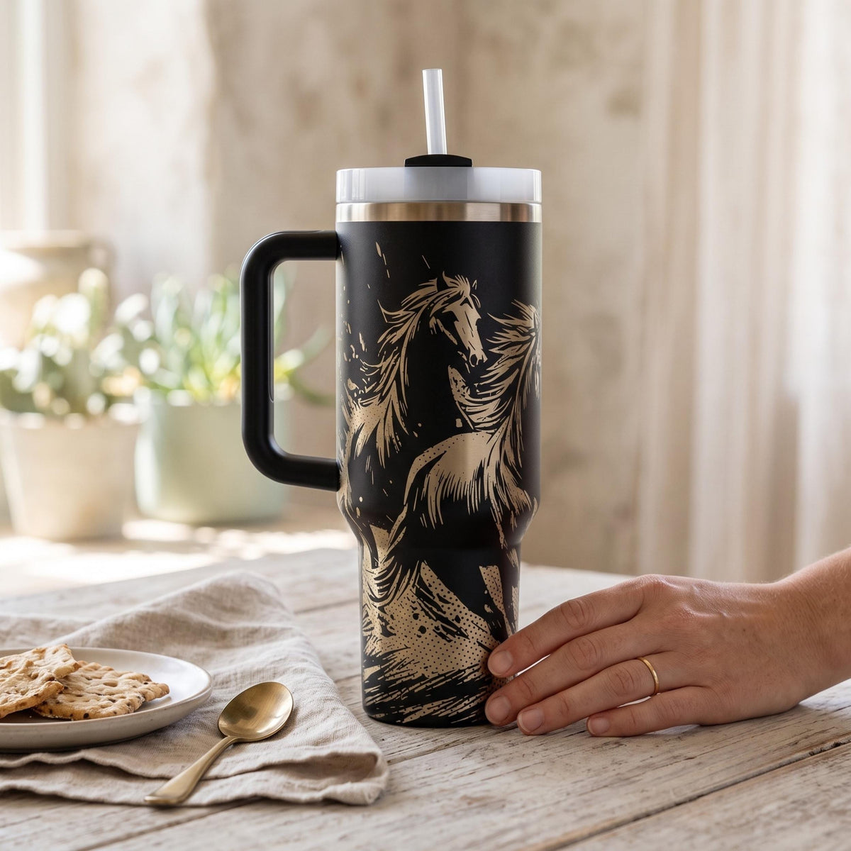 Equestrian Lifestyle Tumbler Wild Horses Design 40oz Insulated Drinkware Stainless Steel Construction Double Walled Mug With Handle Leak Resistant Lid Ranch Daily Essential Stable Companion Horse Trainer Gift Rider Present Western Style