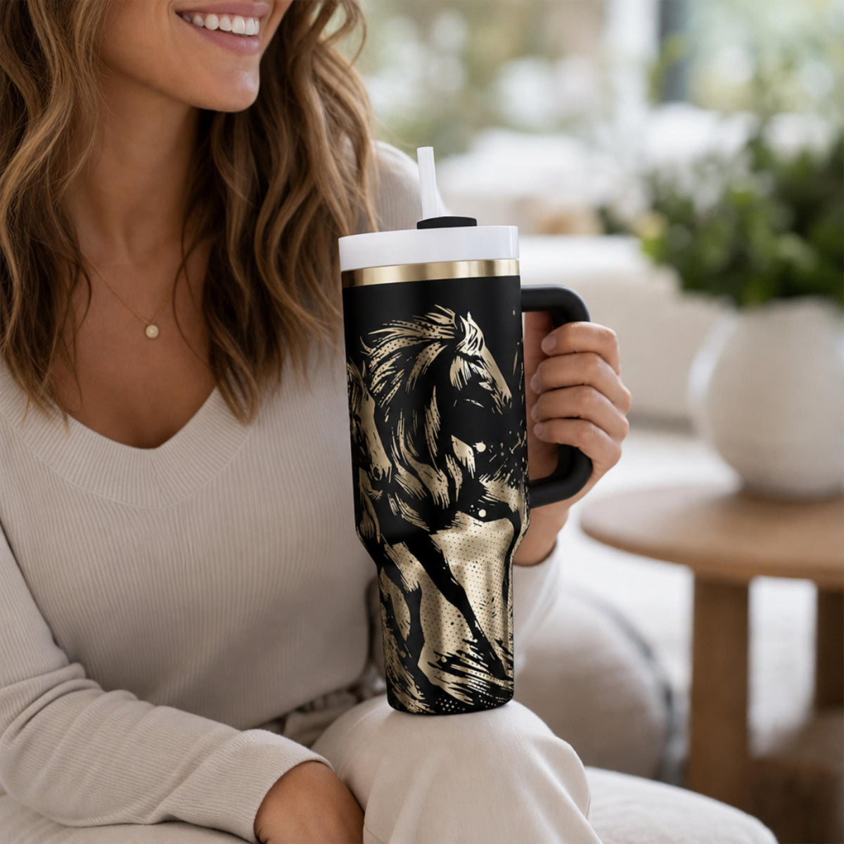 Insulated Travel Mug 40oz Capacity Stainless Steel Tumbler With Handle Wild Horses Engraved Design Western Artwork Pattern Double Walled Construction Keeps Drinks Cold Hot Ranch Work Essential Stable Visit Companion Equestrian Gift Horse