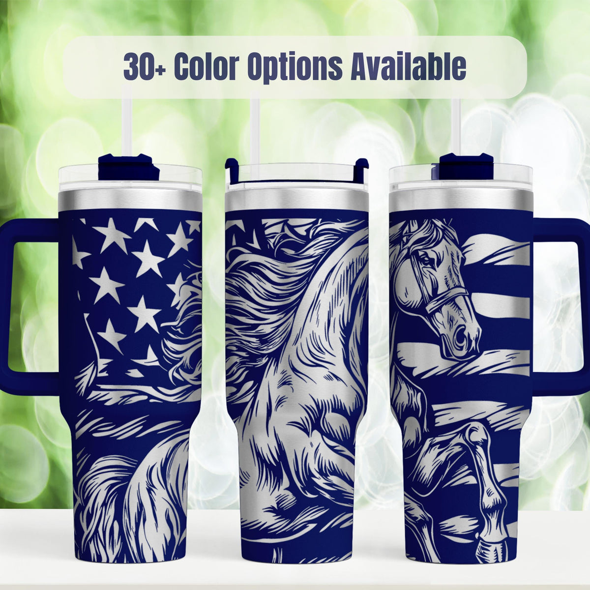 Patriotic Horse Tumbler With Handle American Flag Design Insulated Stainless Steel Travel Mug 40oz Capacity Perfect Gift For Horse Lovers Western Lifestyle Enthusiasts Ranch Kitchen Accessory Country Style Drinkware Beverage Container Keeps