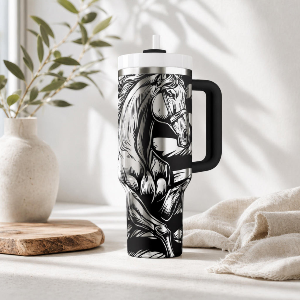 Horse Lover Gift Tumbler Patriotic American Flag Design 40oz Insulated Stainless Steel With Handle Ranch Lifestyle Accessory Western Style Drinkware Country Kitchen Essential Travel Mug Keeps Drinks Hot Cold Equestrian Theme Beverage
