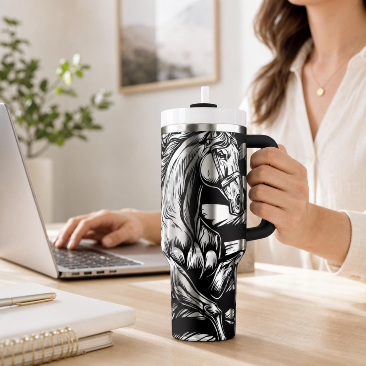 40oz Capacity Tumbler With Handle Western Style American Flag Horse Design Insulated Stainless Steel Travel Mug Patriotic Drinkware Gift Perfect For Horse Lovers Ranch Enthusiasts Country Kitchen Accessory Double Wall Construction Keeps