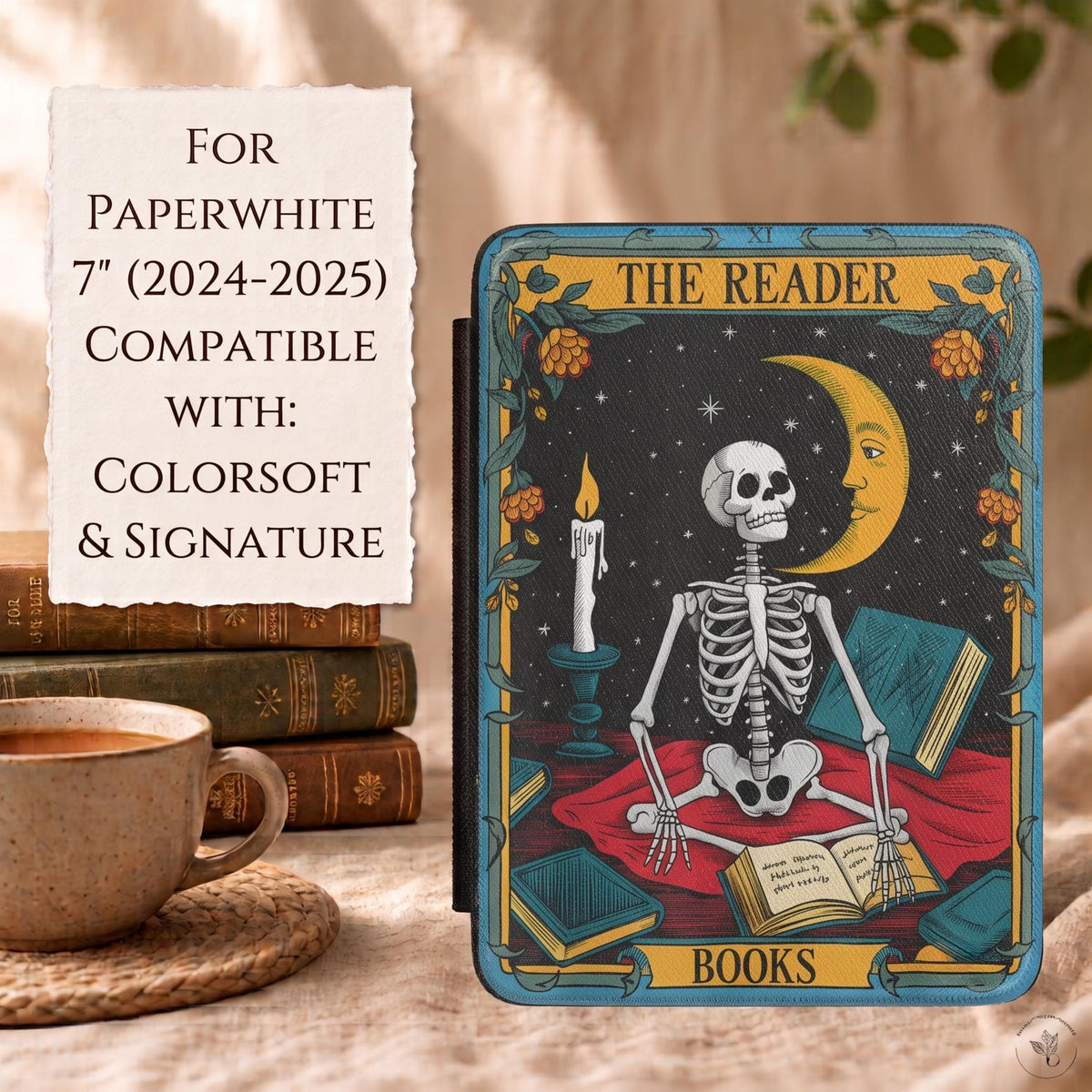 Kindle Case Paperwhite Compatible Sleeve E-Reader Protection Device Cover Skeleton Reader Illustration Tarot Card Aesthetic Vintage Art Nouveau Border Design Magnetic Closure Protection Soft Fabric Lining Screen Safety Leather Look Exterior