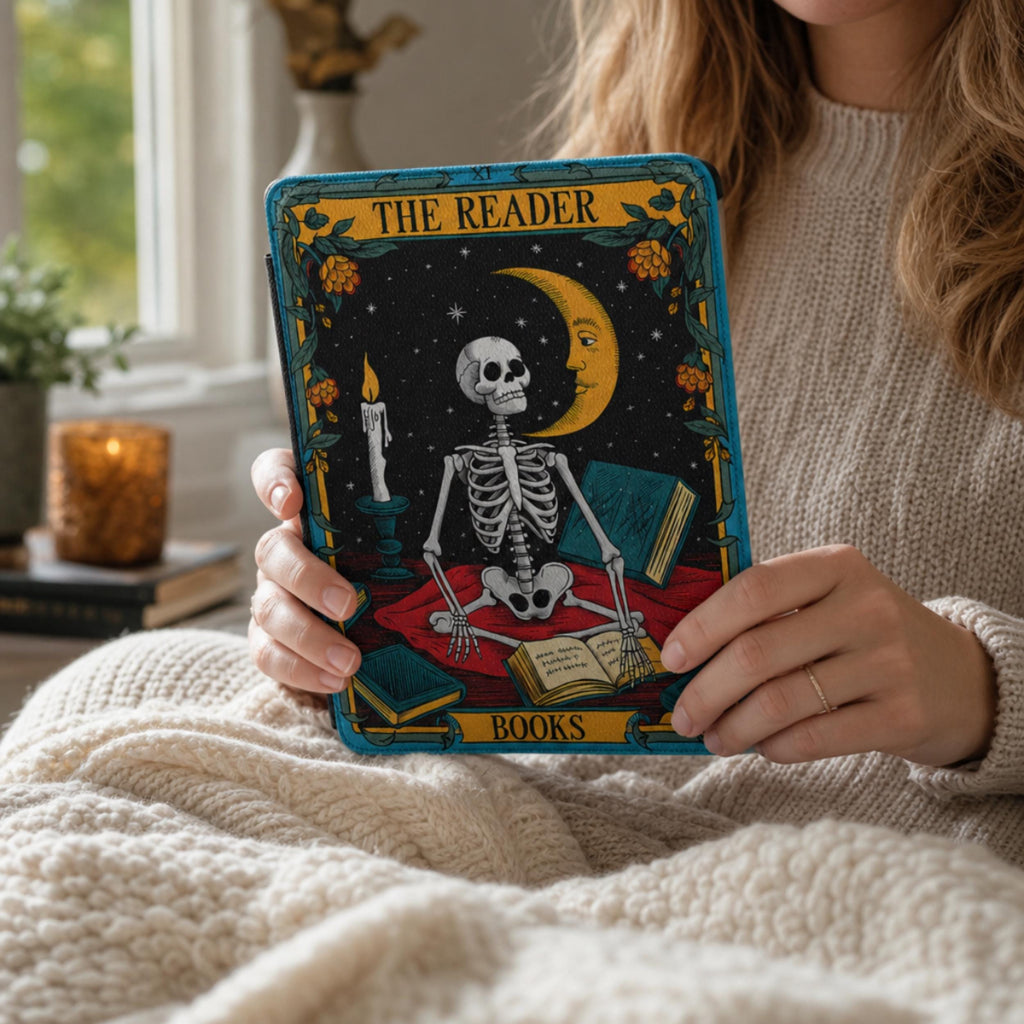 Moon Magic Kindle Sleeve Crescent Design Skeleton Reader Tarot Art Book Lover Gift Literary Fan E-Reader Case Protective Cover Rose Floral Pattern Candlelight Theme Soft Fabric Interior Magnetic Closure Screen Safe Protection Perfect