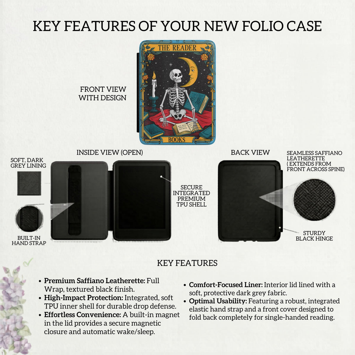 Book Lover Gift Literary Fan Present Bibliophile Collection Reader Accessory Kindle Case Paperwhite Compatible Sleeve Skeleton Reader Design Tarot Card Aesthetic Vintage Illustration Art Nouveau Border Magnetic Closure Protection Soft