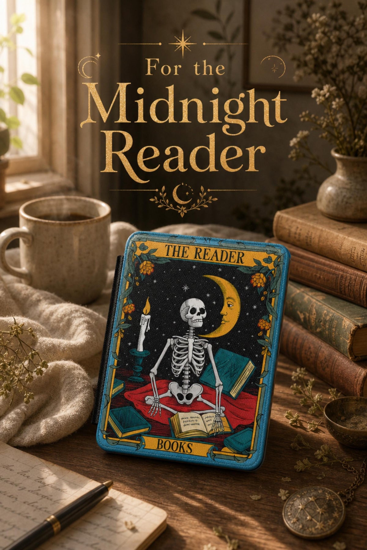 Gothic Kindle Case Skeleton – Tarot Reader Design Book Lover Gift