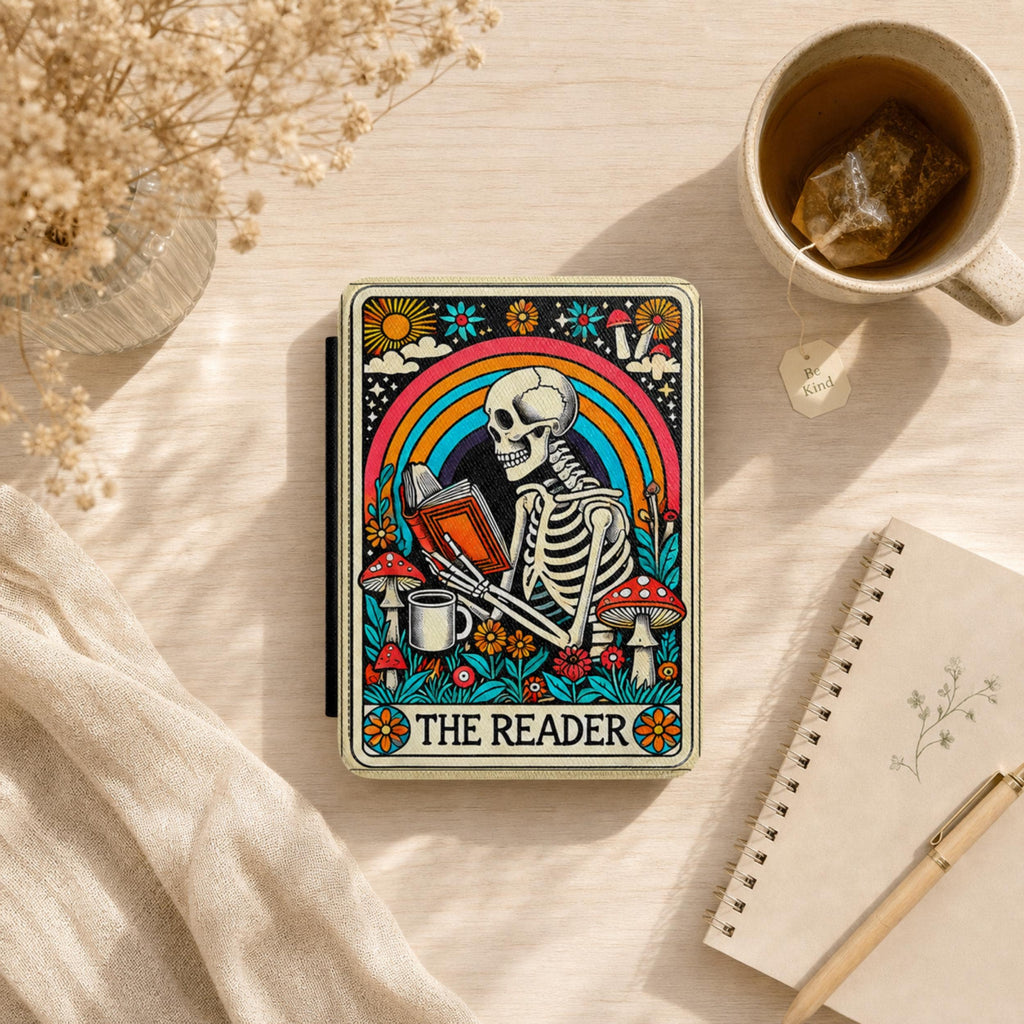 Artistic E Reader Cover Kindle Paperwhite Protection Skeleton Reading Book Design Whimsical Literary Gift Premium Leather Case Magnetic Closure Secure Rainbow Wildflower Illustration Mystical Reader Theme Soft Interior Lining Slim