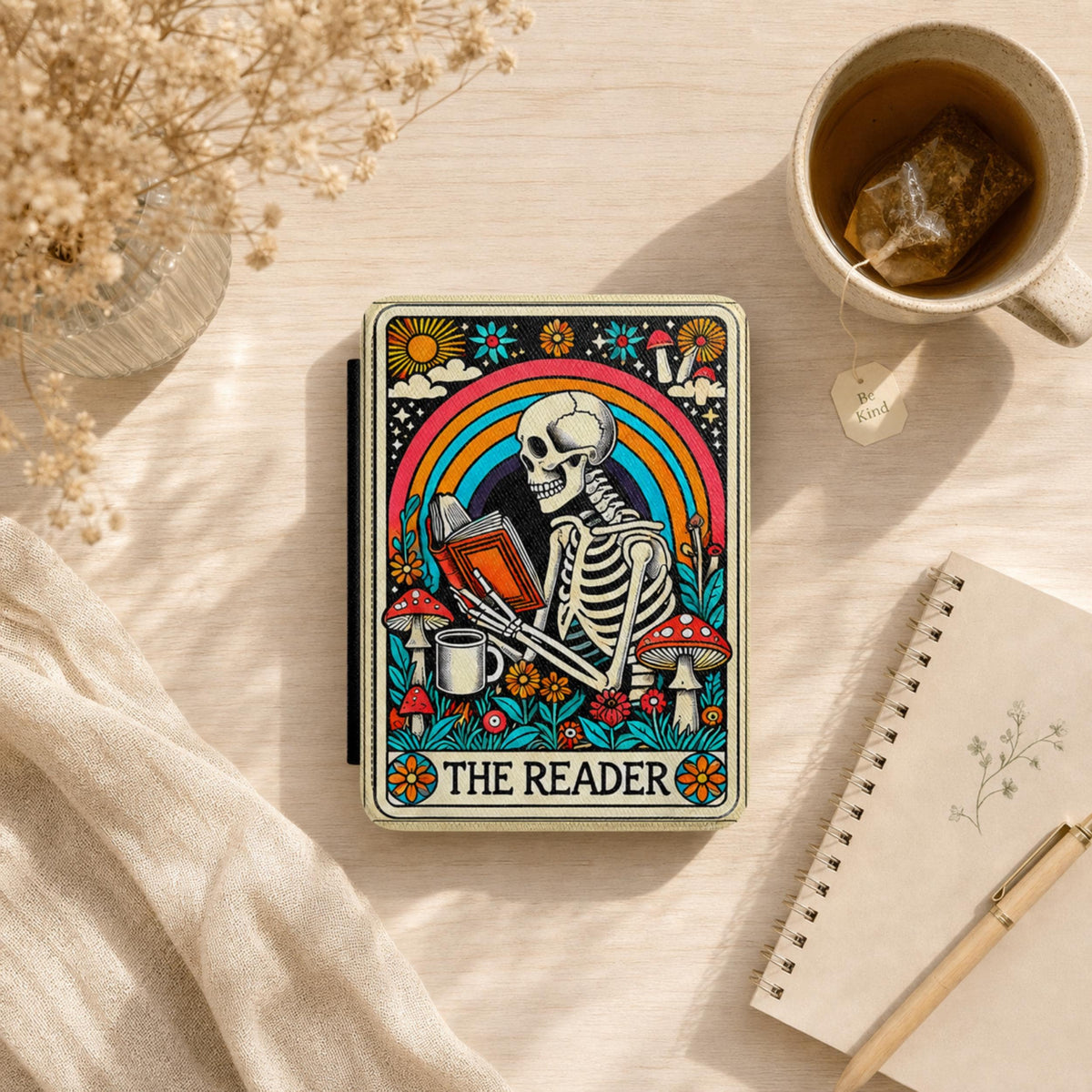 Artistic E Reader Cover Kindle Paperwhite Protection Skeleton Reading Book Design Whimsical Literary Gift Premium Leather Case Magnetic Closure Secure Rainbow Wildflower Illustration Mystical Reader Theme Soft Interior Lining Slim