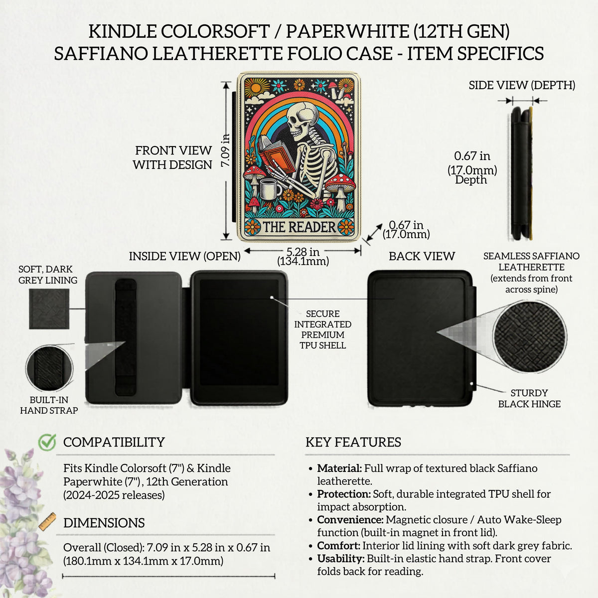 Book Lover Gift Kindle Paperwhite Case Skeleton Reader Artistic Design Premium Leather Protection Whimsical Rainbow Illustration Magnetic Closure Cover Mystical Literary Theme Soft Protective Interior Slim Profile Sleeve Unique E Reader