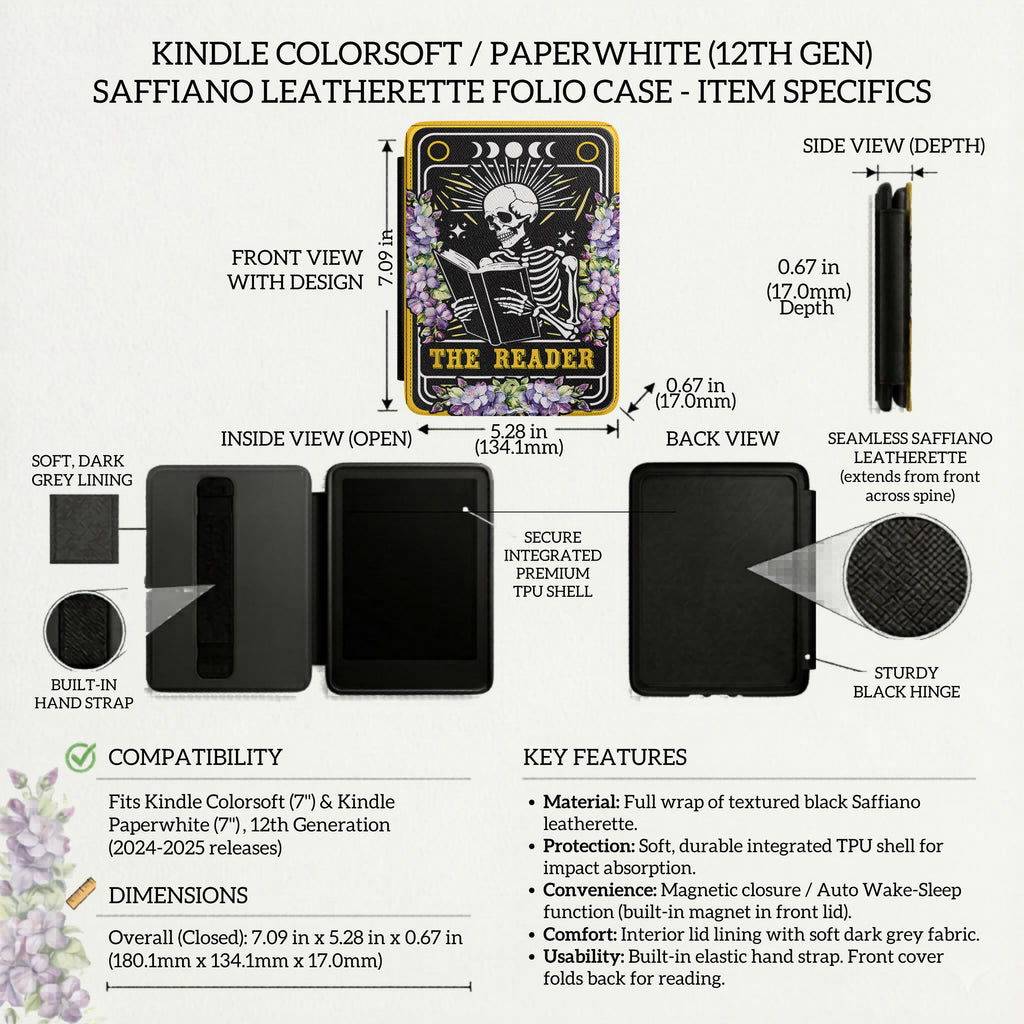 Literary Themed Kindle Protection Gothic Reader Design Skeleton Artwork Case Paperwhite Device Cover Handcrafted Construction Quality Magnetic Closure Convenience Built In Hand Strap Comfort Book Lover Gift Essential Dark Academia Aesthetic