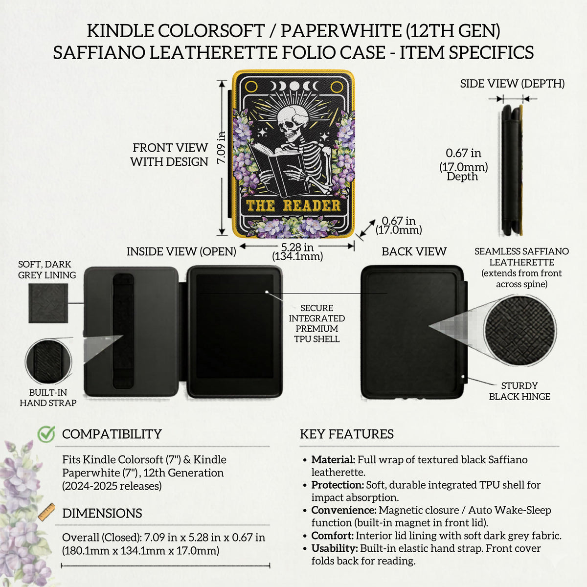 Literary Themed Kindle Protection Gothic Reader Design Skeleton Artwork Case Paperwhite Device Cover Handcrafted Construction Quality Magnetic Closure Convenience Built In Hand Strap Comfort Book Lover Gift Essential Dark Academia Aesthetic