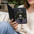 Book Lover Gift Kindle Paperwhite Case Skeleton Reader Design Tarot Inspired Artwork Celestial Moon Star Pattern Magnetic Closure Hand Strap Protective E-Reader Cover Purple Floral Accents Literary Themed Accessory Comfortable One Handed