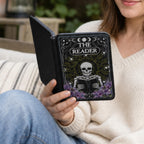 Celestial Gothic Pattern Kindle Case Skeleton Reader Design Moon Star Imagery Purple Floral Accents Magnetic Closure Protection Hand Strap One Handed Reading Comfort Soft Interior Lining Book Lover Gift Literary Accessories Compatible