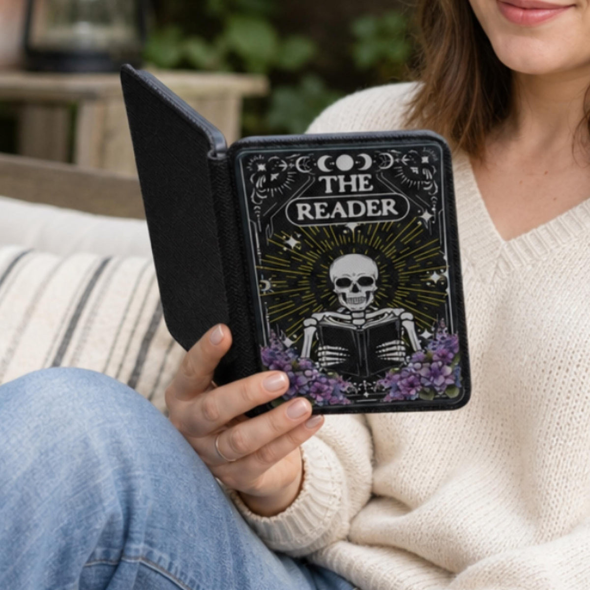 Celestial Gothic Pattern Kindle Case Skeleton Reader Design Moon Star Imagery Purple Floral Accents Magnetic Closure Protection Hand Strap One Handed Reading Comfort Soft Interior Lining Book Lover Gift Literary Accessories Compatible