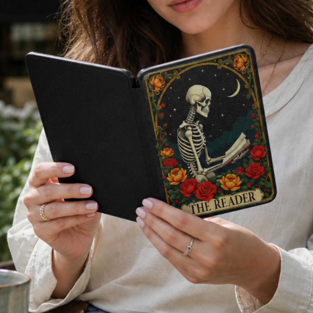 Dark Academia Kindle Case Gothic Skeleton Reader Design Protective Leather Cover Book Lover Gift Literary Accessory Magnetic Closure Hand Strap Kindle Paperwhite 7 Inch Case 2024 2025 Edition Skeleton Art Moon Rose Design Vintage Reading