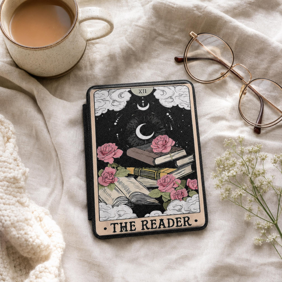 Protective Kindle Paperwhite Cover 7 Inch Case Tarot Reader Design Magnetic Closure Protection Faux Leather Material Celestial Moon Imagery Witchy Aesthetic Accessory Hand Strap Feature Fabric Lining Protection Scratch Resistant Case Book