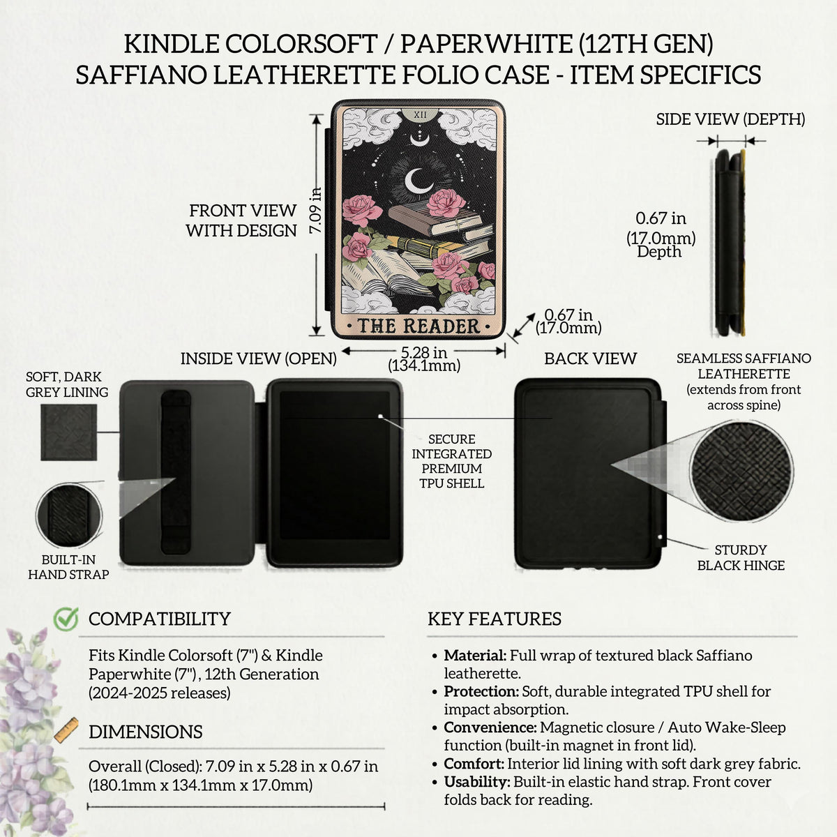 Literary Book Lover Case Kindle Paperwhite Cover Tarot Reader Design Celestial Moon Imagery Mystical Reading Accessory Dark Academia Style Faux Leather Protection Magnetic Closure Feature Perfect Witchy Gift Beautiful Rose Pattern Gothic