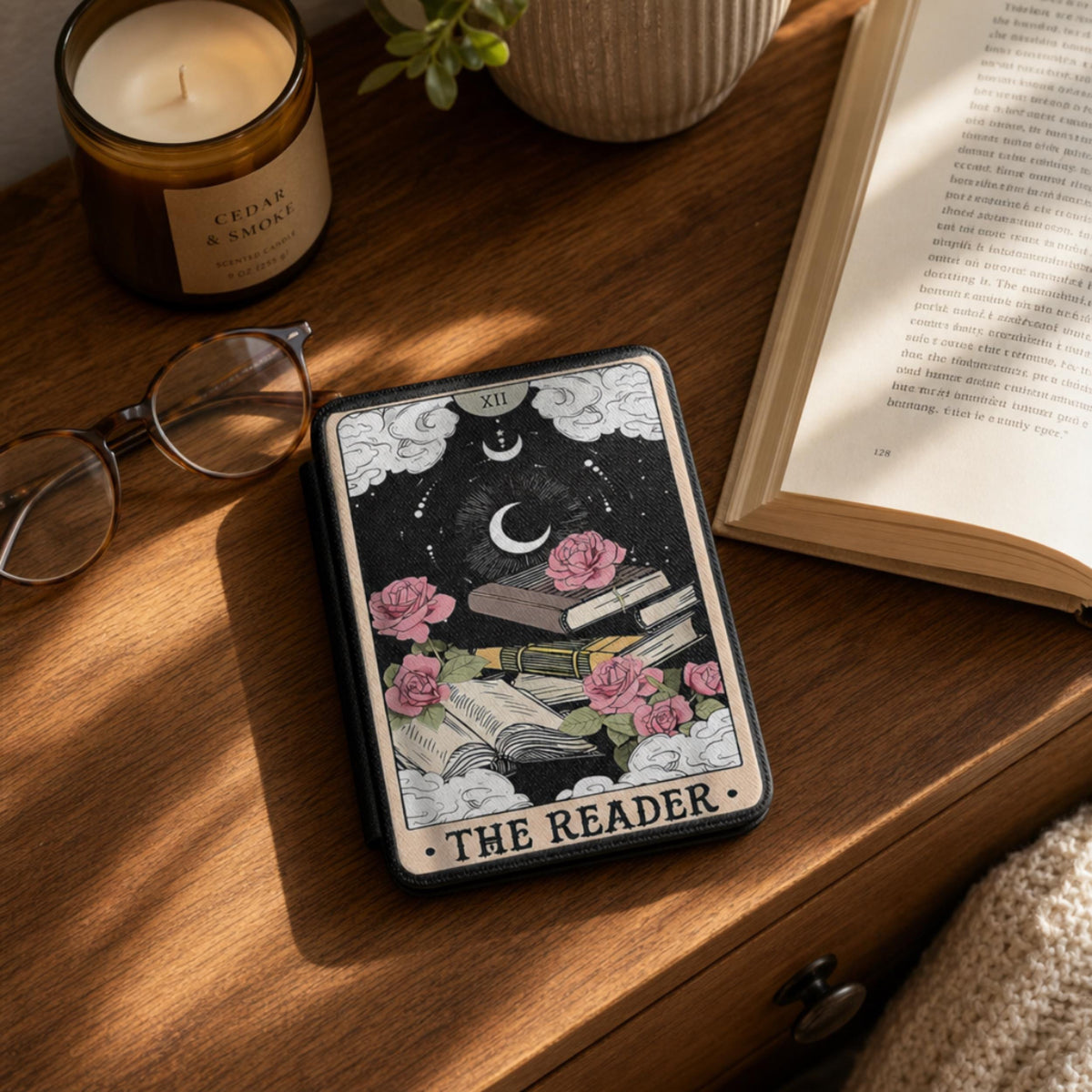 Protective Case Faux PU Material Mystic Reader Gift Tarot Celestial Moon Design Gothic Rose Pattern Witch Aesthetic Boho Style Kindle E-reader Cover Device Holder Tablet Sleeve Magnetic Secure Closure Interior Hand Strap Soft Fabric Lining