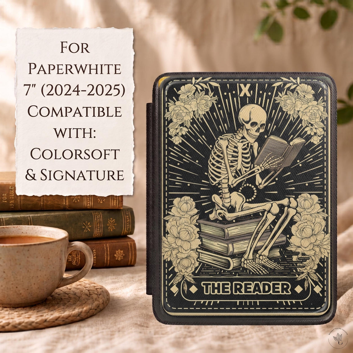 Gothic Kindle Case Skeleton Reader Design Magnetic Closure Protection Vintage Tarot Art Style Black Leather Ereader Cover Bookish Gift For Book Lovers Dark Academia Aesthetic Paperwhite Compatible Protective Case Floral Skull Pattern