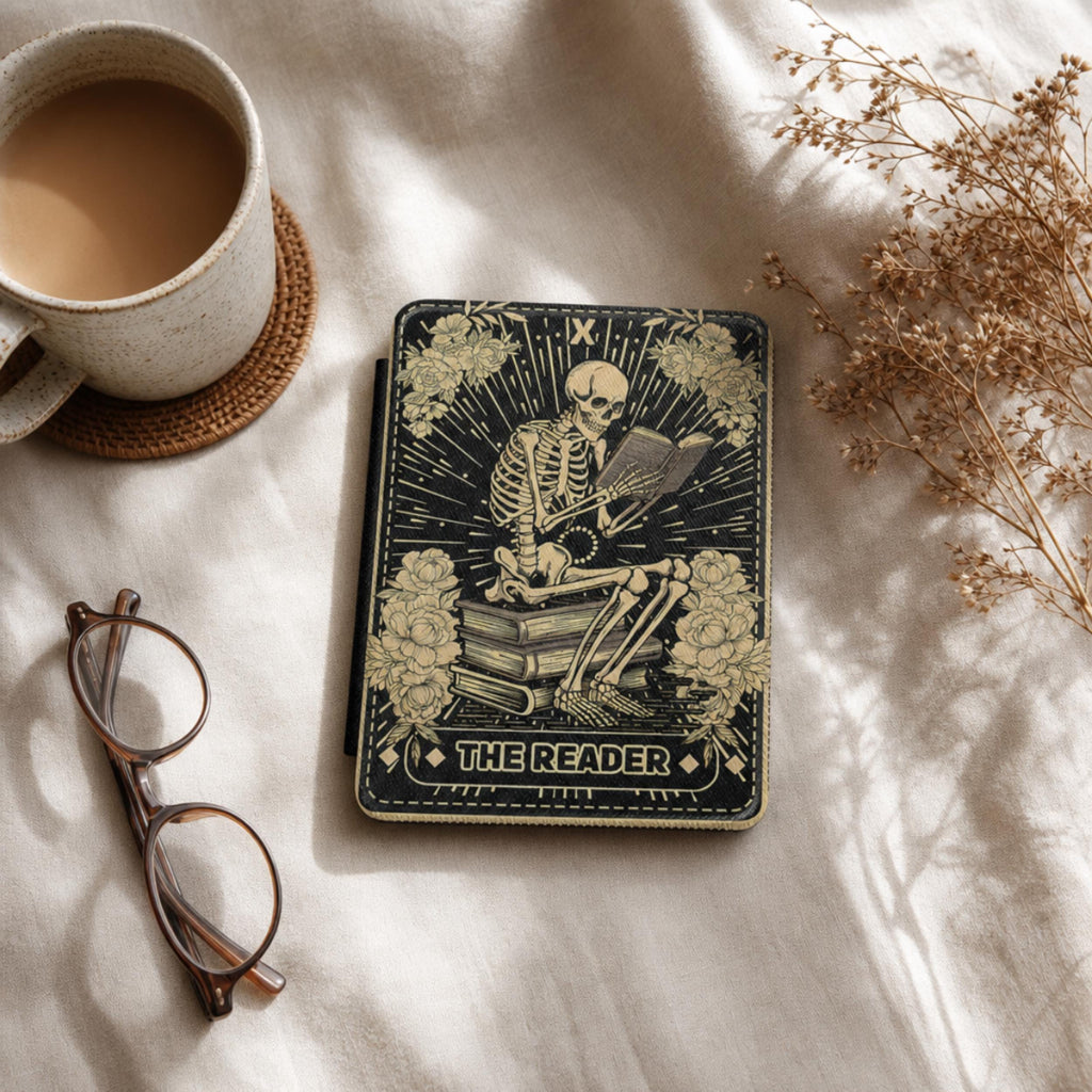 Skeleton Art Kindle Cover Gothic Book Lover Gift Magnetic Protective Case Vintage Tarot Design Black Ereader Accessory Dark Academia Style Paperwhite Case Literary Skull Pattern Floral Rose Details Secure Closure Hand Strap Comfort Bookish