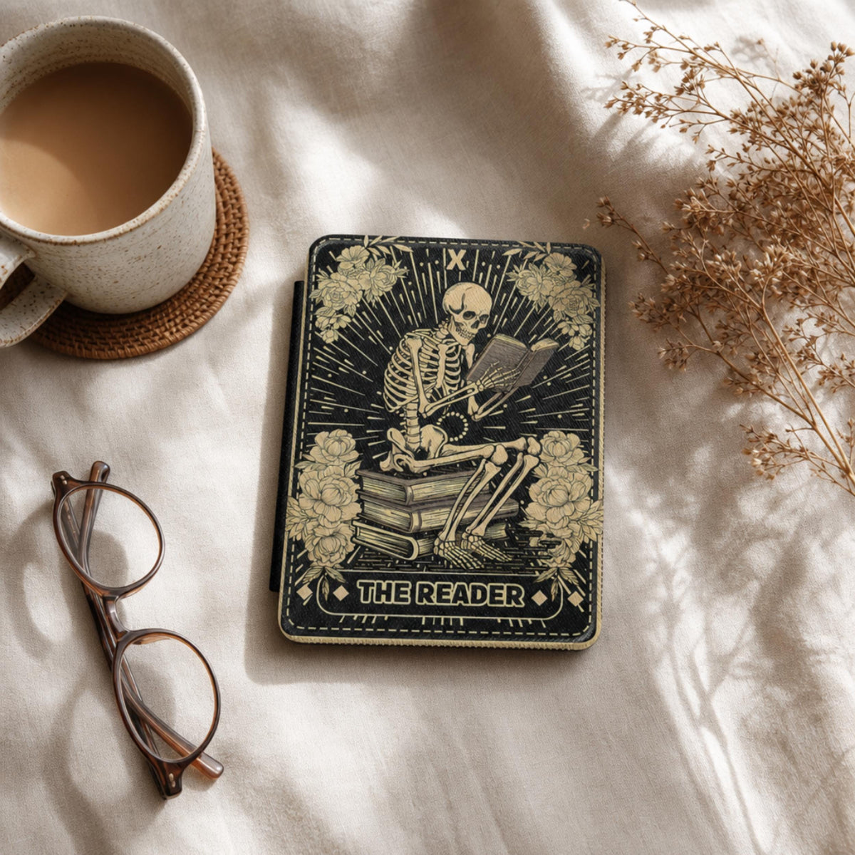 Skeleton Art Kindle Cover Gothic Book Lover Gift Magnetic Protective Case Vintage Tarot Design Black Ereader Accessory Dark Academia Style Paperwhite Case Literary Skull Pattern Floral Rose Details Secure Closure Hand Strap Comfort Bookish