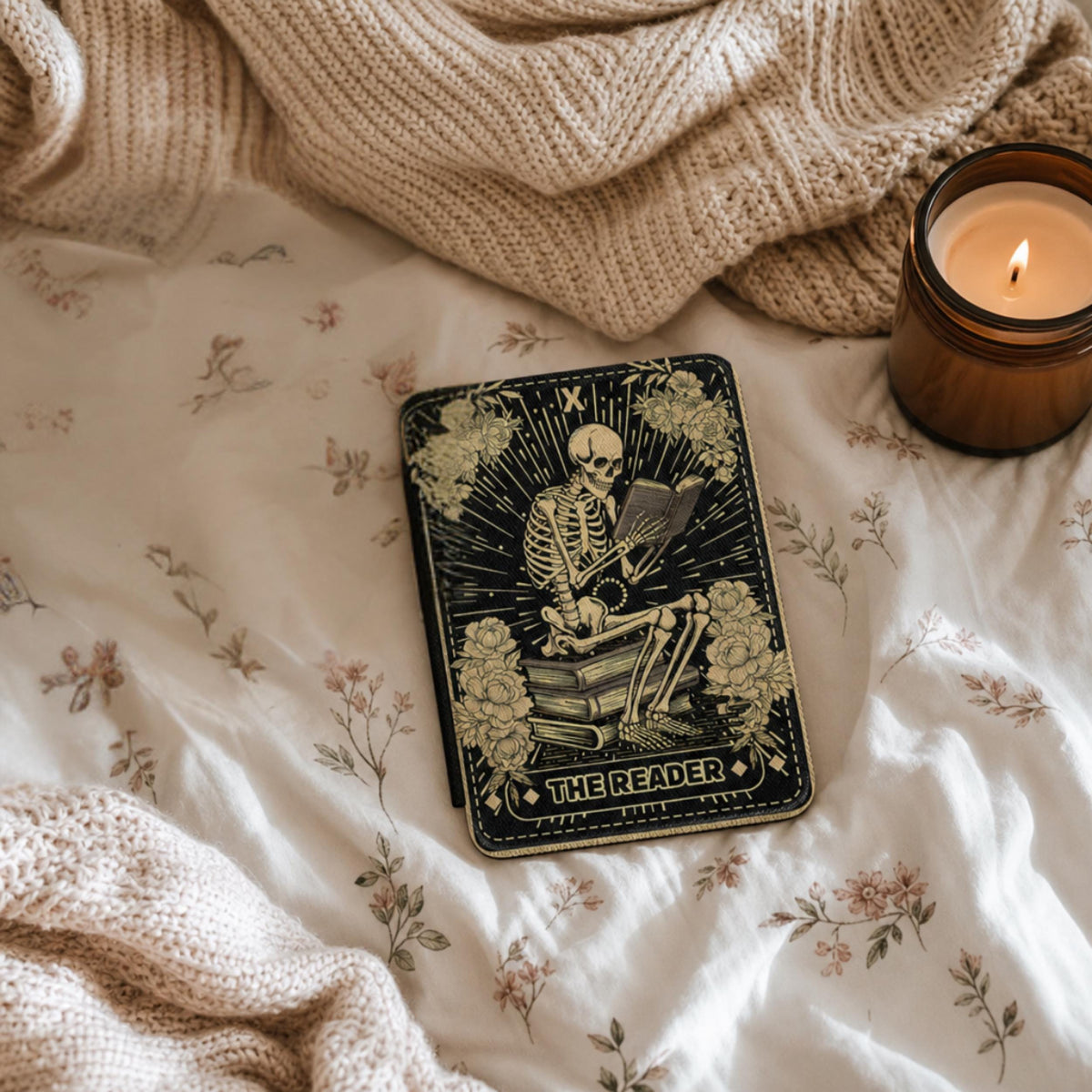 Vintage Tarot Kindle Case Gothic Skeleton Design Magnetic Closure Ereader Protection Black Leather Cover Bookish Gift Dark Academia Aesthetic Literary Theme Paperwhite Compatible Floral Skull Art Rose Pattern Secure Snap Closure Hand Strap