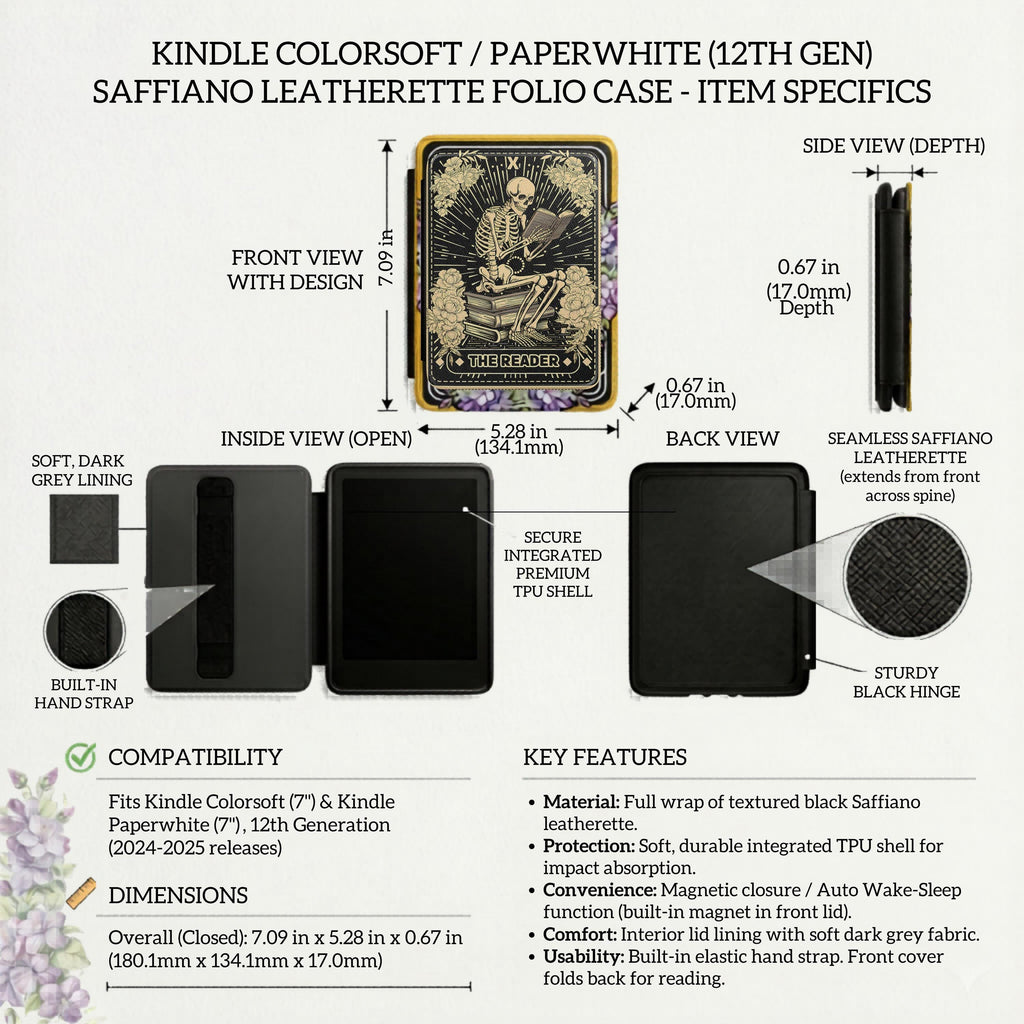 Dark Academia Kindle Case Skeleton Reader Art Gothic Book Lover Gift Magnetic Protective Cover Vintage Tarot Style Black Ereader Case Literary Aesthetic Paperwhite Protection Floral Rose Design Skull Pattern Secure Closure Hand Strap