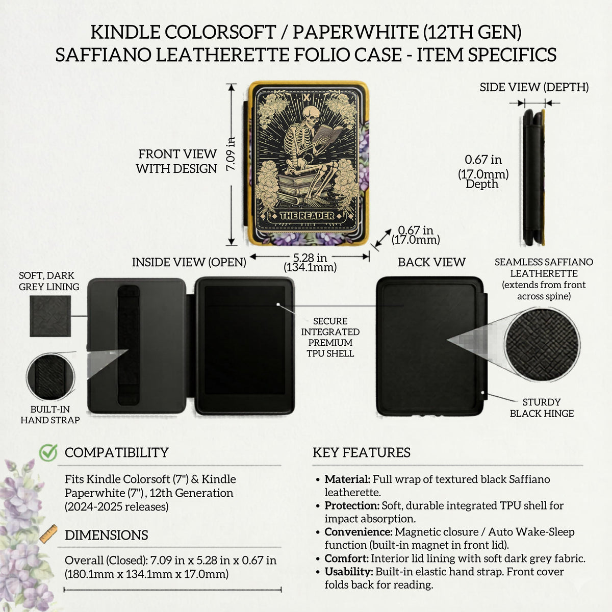 Dark Academia Kindle Case Skeleton Reader Art Gothic Book Lover Gift Magnetic Protective Cover Vintage Tarot Style Black Ereader Case Literary Aesthetic Paperwhite Protection Floral Rose Design Skull Pattern Secure Closure Hand Strap