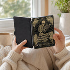 Literary Gothic Case Kindle Paperwhite Protection Skeleton Art Design Magnetic Closure Vintage Tarot Aesthetic Black Leather Cover Book Lover Gift Dark Academia Style Floral Skull Pattern Rose Details Secure Snap Hand Strap Reading Comfort