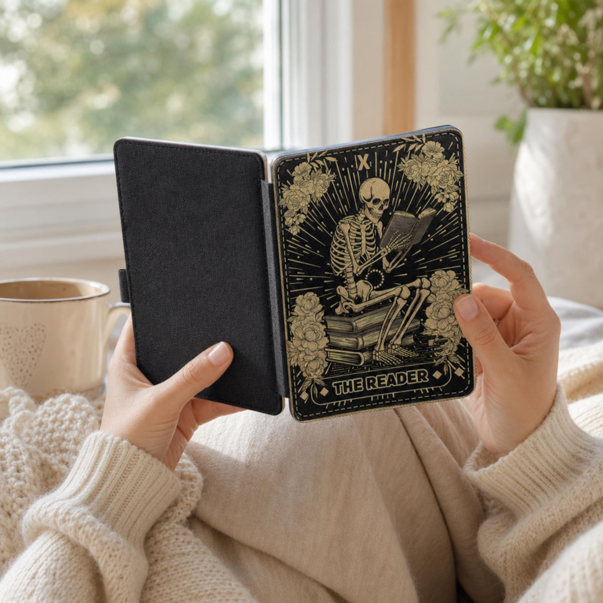 Literary Gothic Case Kindle Paperwhite Protection Skeleton Art Design Magnetic Closure Vintage Tarot Aesthetic Black Leather Cover Book Lover Gift Dark Academia Style Floral Skull Pattern Rose Details Secure Snap Hand Strap Reading Comfort