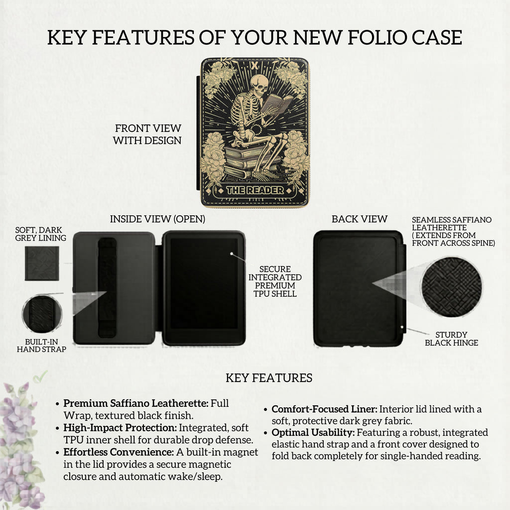Gothic Kindle Case – Skeleton Art Design Magnetic Closure