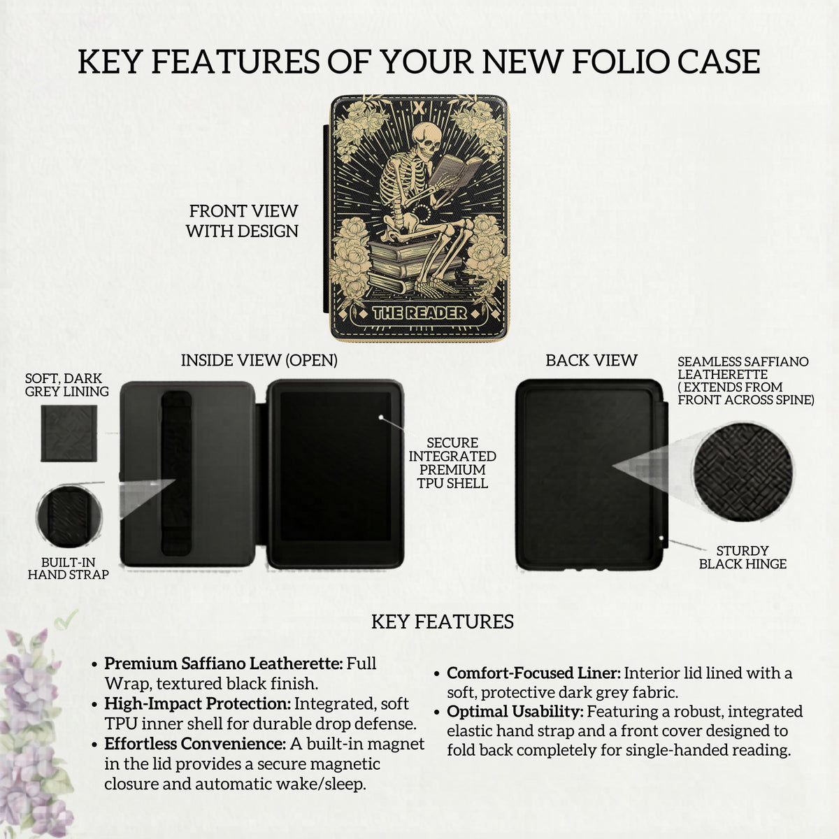 Gothic Kindle Case – Skeleton Art Design Magnetic Closure