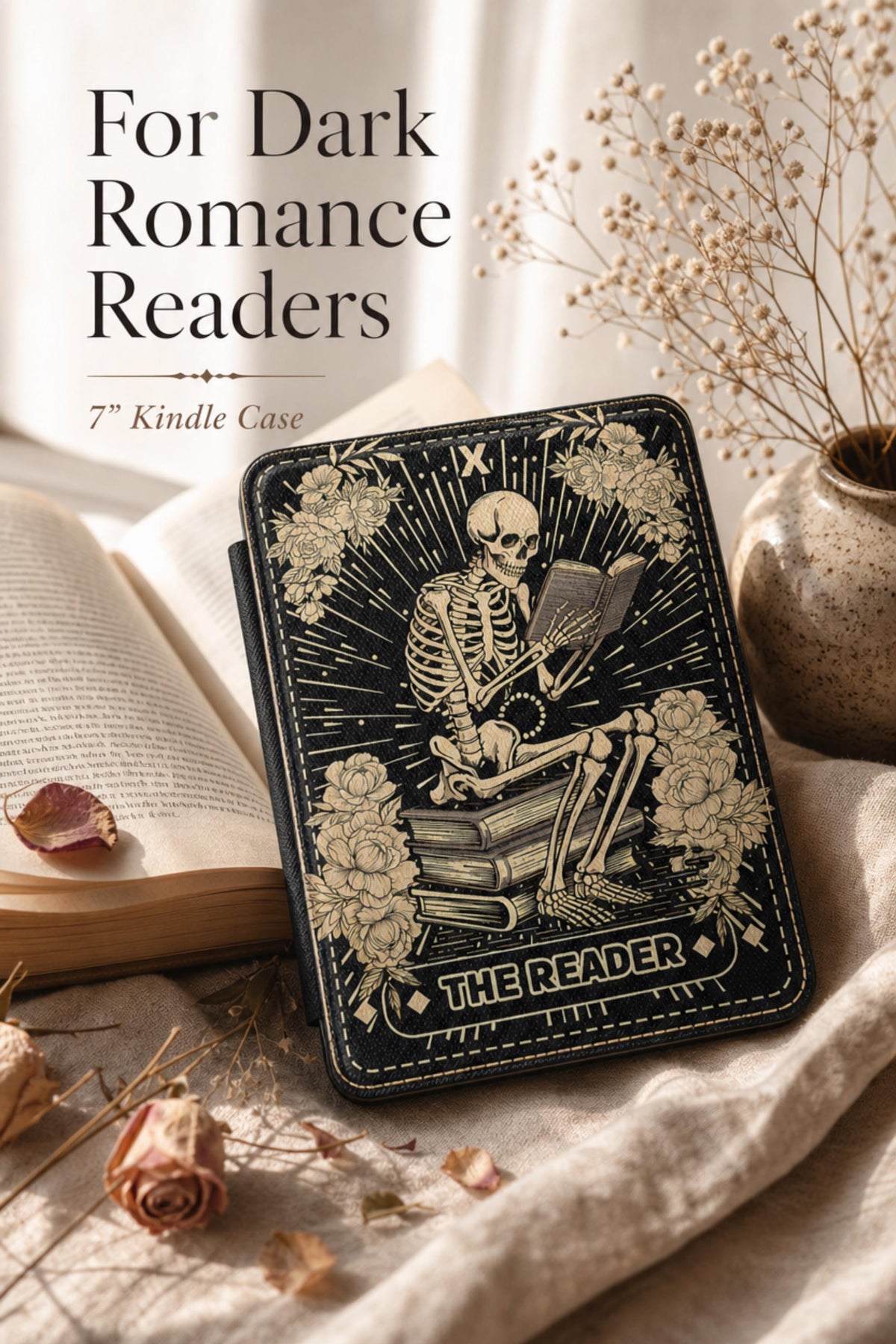 Gothic Kindle Case – Skeleton Art Design Magnetic Closure