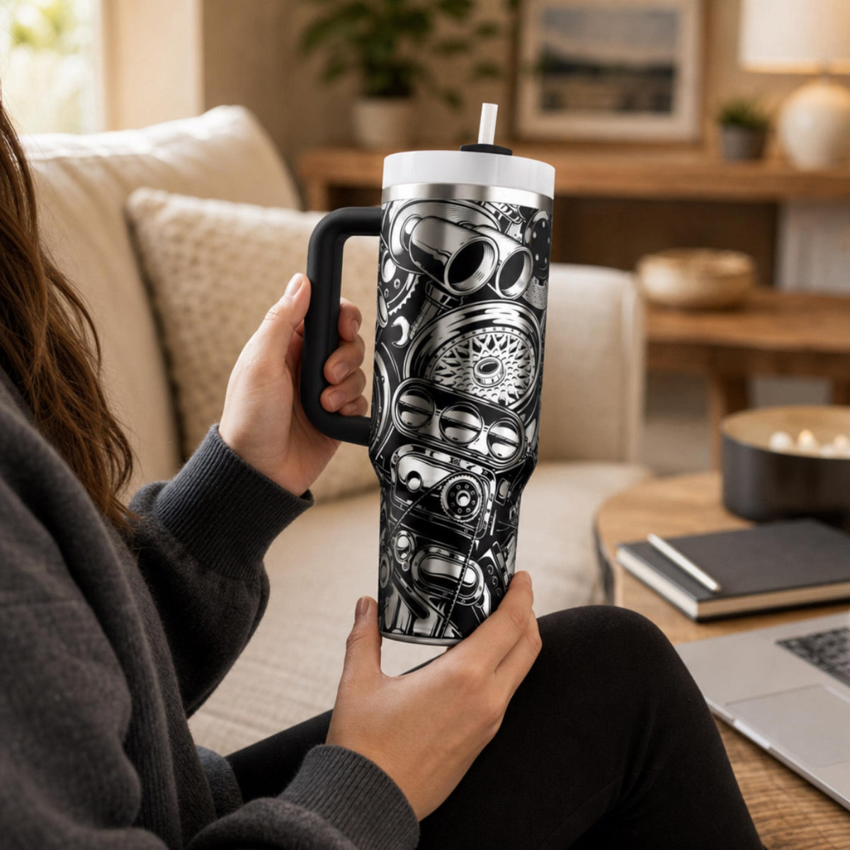 Car Enthusiast Drinkware 40oz Insulated Travel Tumbler Stainless Steel Construction Hot Rod Design Automotive Graphics Laser Engraved Car Parts Pattern Perfect Mechanic Gift Gearhead Present Birthday Father Day Collectible Workshop