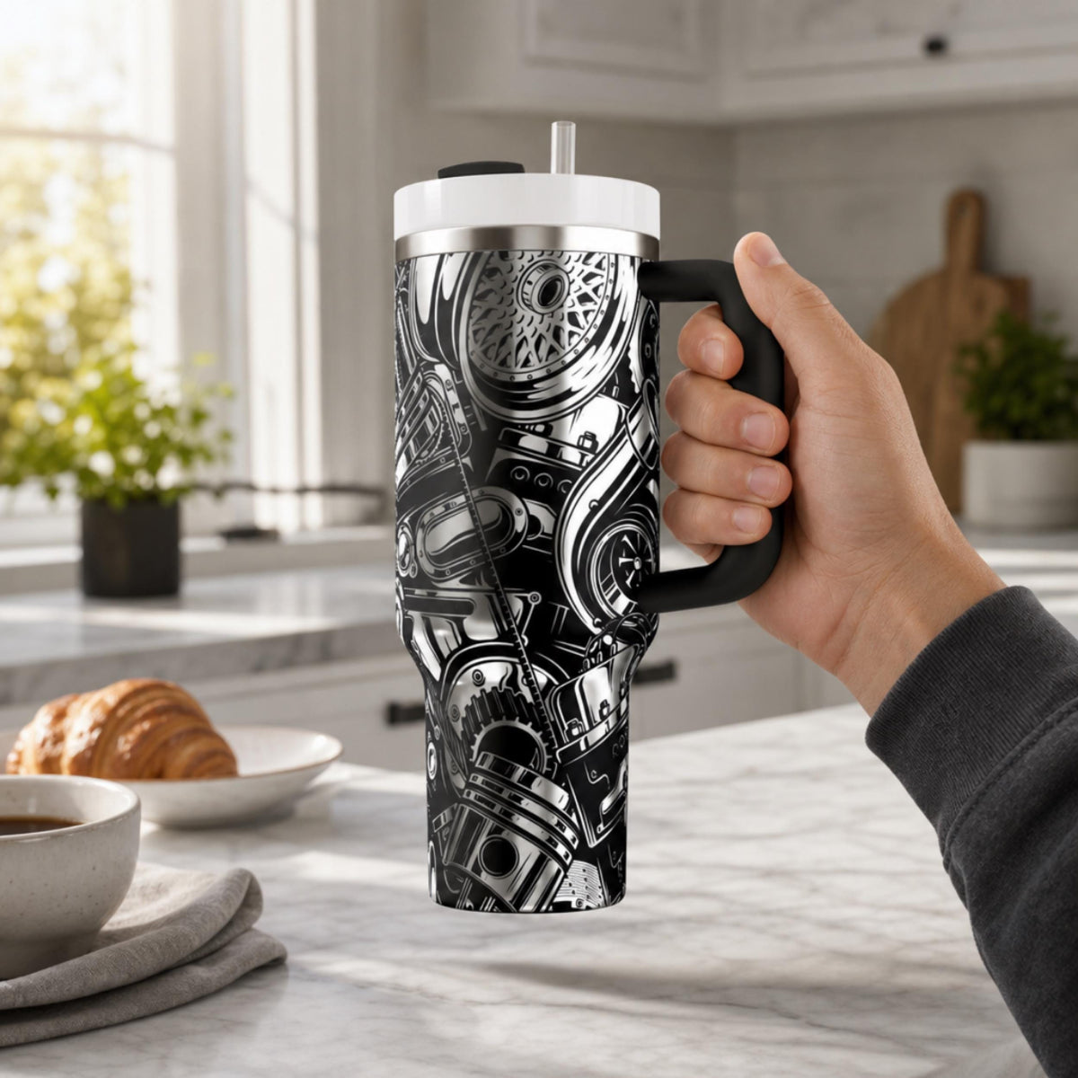 Stainless Steel Tumbler 40oz Insulated Cup Automotive Theme Hot Rod Graphics Car Parts Design Laser Engraved Pattern Mechanic Gift Present Car Enthusiast Drinkware Workshop Garage Essential Daily Use Beverage Holder Perfect Birthday Gift