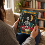 Skeleton Reader Design Tarot Card Aesthetic Vintage Illustration Art Nouveau Border Style Kindle Case Paperwhite Compatible E-Reader Sleeve Device Protection Magnetic Closure Safety Soft Fabric Lining Book Lover Gift Literary Present Witchy