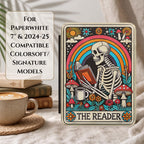 Kindle Paperwhite Case Artistic Skeleton Reading Design Book Lover Gift Premium Leather Cover Whimsical Rainbow Wildflower Illustration Magnetic Closure Protection Literary Enthusiast Present Mystical Reader Theme Soft Interior Lining Slim