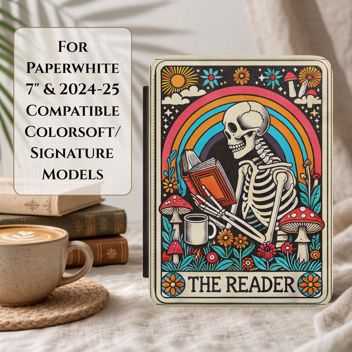 Kindle Paperwhite Case Artistic Skeleton Reading Design Book Lover Gift Premium Leather Cover Whimsical Rainbow Wildflower Illustration Magnetic Closure Protection Literary Enthusiast Present Mystical Reader Theme Soft Interior Lining Slim