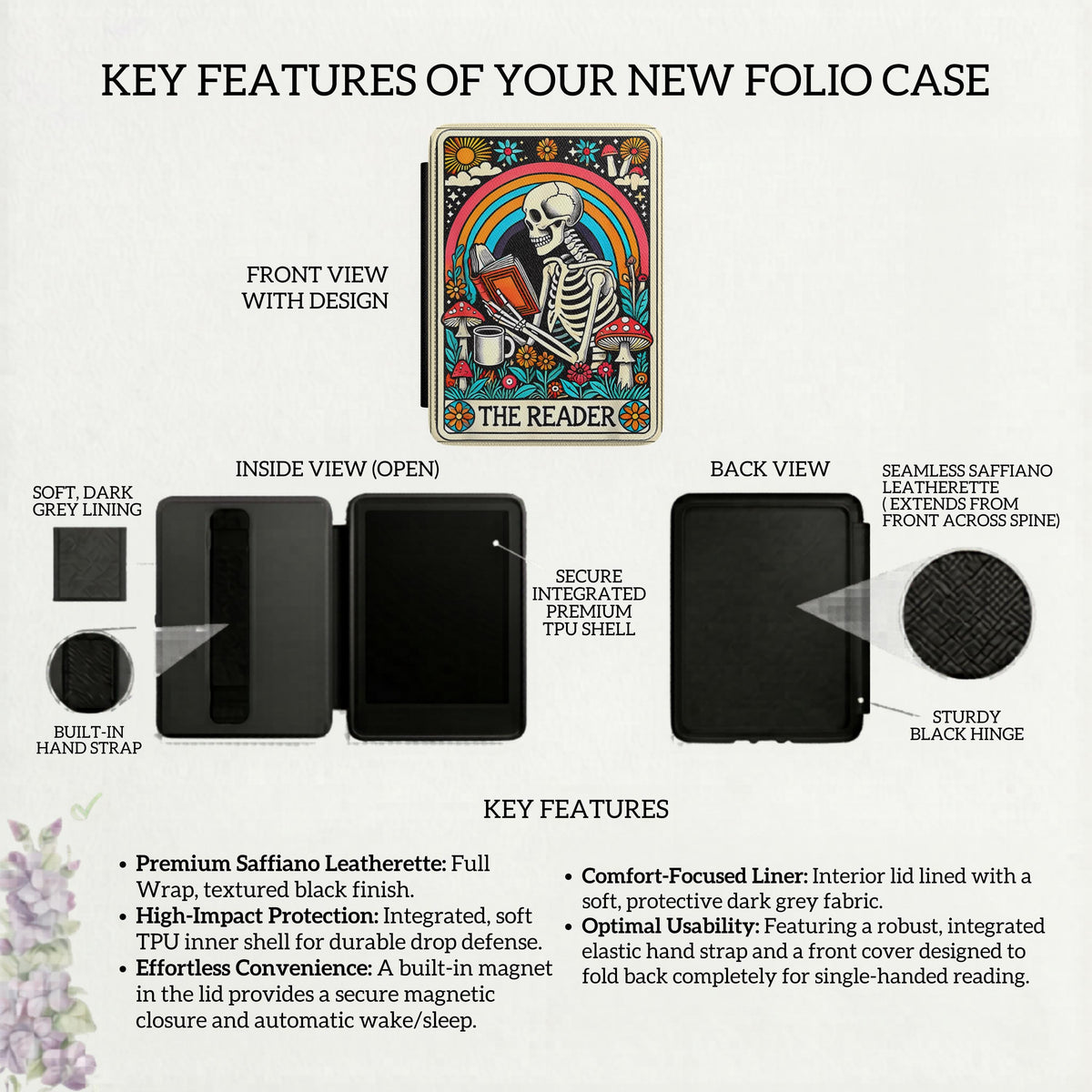 Kindle Paperwhite Case – Artistic Skeleton Skull Reader Gift