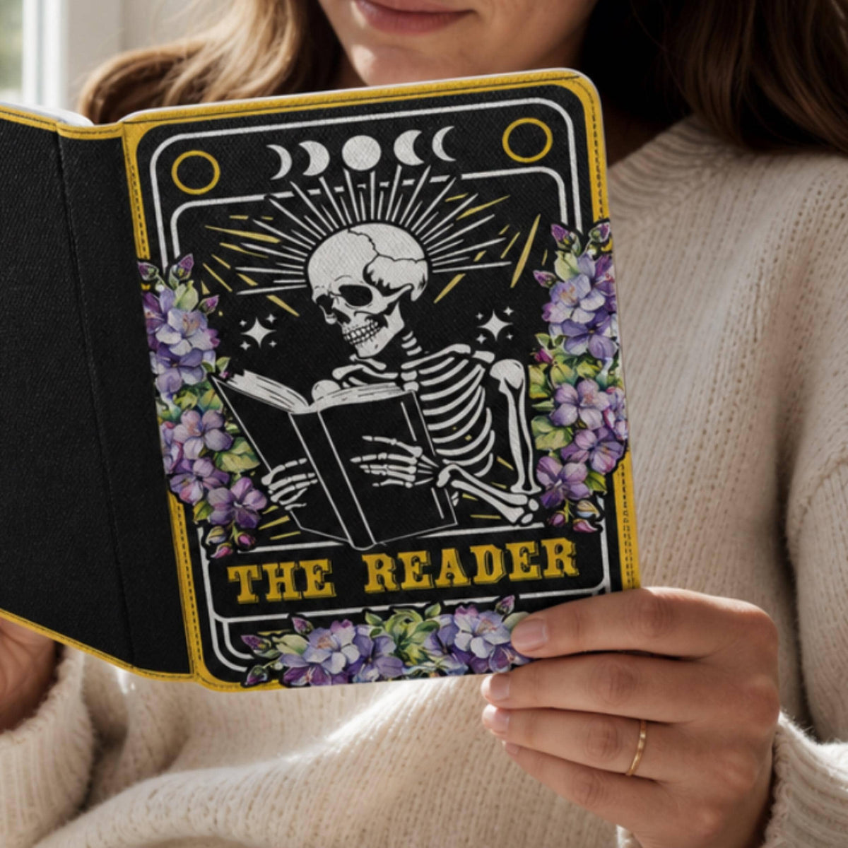 Handcrafted Paperwhite Case Gothic Skeleton Reader Artwork Book Lover Essential Device Protection Magnetic Closure Security Soft Fabric Lining Screen Safety Built In Hand Strap Reading Comfort Literary Gift Collection Dark Academia Style