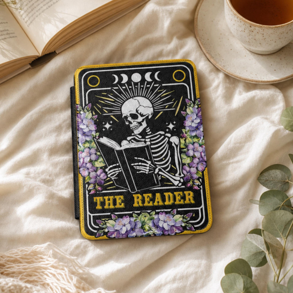 Skeleton Reader Kindle Case Gothic Book Lover Accessory Handcrafted Paperwhite Protection Magnetic Closure Device Cover Built In Hand Strap Reading Comfort Floral Moon Design Literary Gift Essential Dark Academia Witchy Aesthetic Soft