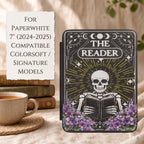 Kindle Paperwhite Case Protective Cover Skeleton Reader Design Celestial Moon Star Pattern Perfect Book Lover Gift Magnetic Closure Hand Strap E-Reader Accessory Purple Floral Accents Tarot Inspired Artwork Literary Themed Present