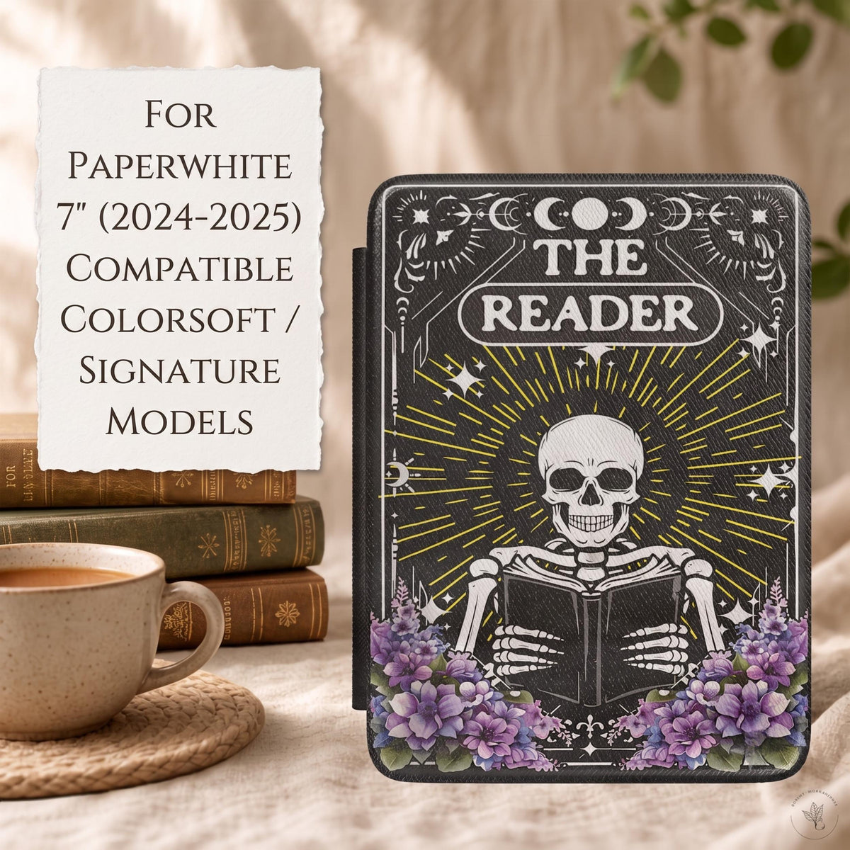 Kindle Paperwhite Case Protective Cover Skeleton Reader Design Celestial Moon Star Pattern Perfect Book Lover Gift Magnetic Closure Hand Strap E-Reader Accessory Purple Floral Accents Tarot Inspired Artwork Literary Themed Present