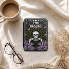 Skeleton Reader Design Gothic Book Case Celestial Moon Star Pattern Tarot Inspired Artwork Purple Floral Accents Kindle Paperwhite Protection Magnetic Closure Hand Strap One Handed Reading Comfort Soft Interior Lining Compatible Seven Inch