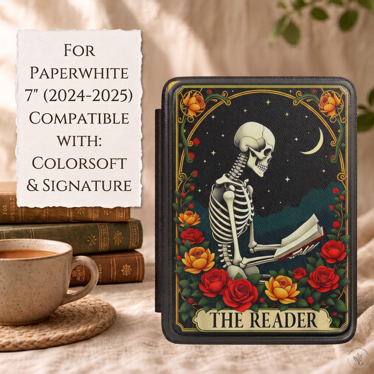 Gothic Kindle Case Skeleton Art Design Dark Academia Reader Style Leather Protective Cover Magnetic Closure Hand Strap Functionality Perfect Literary Gift Book Lover Present Bibliophile Accessory Kindle Paperwhite 7 Inch 2024 2025 Colorsoft
