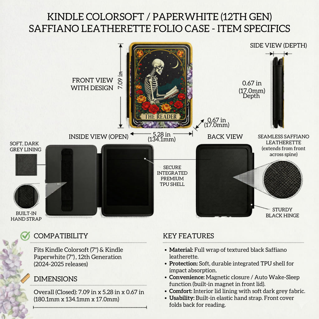 Skeleton Art Kindle Case Gothic Reader Design Dark Academia Literary Gift Protective Leather Cover Magnetic Closure Hand Strap Book Lover Accessory Kindle Paperwhite 7 Inch 2024 2025 Colorsoft Edition Compatible Vintage Reading Theme Moon