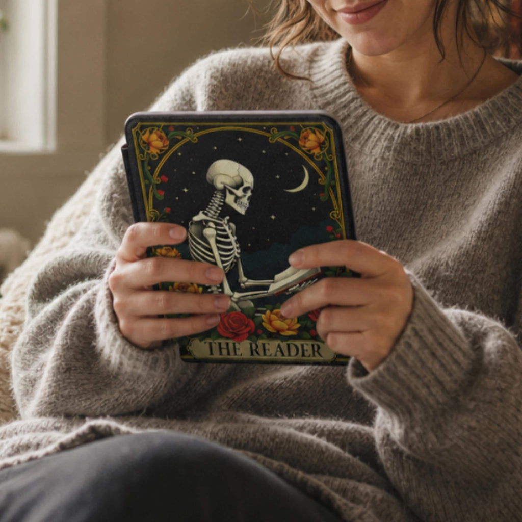 Literary Gift Kindle Case Gothic Skeleton Reader Design Dark Academia Style Book Lover Present Protective Leather Cover Magnetic Closure Hand Strap Functionality Kindle Paperwhite 7 Inch 2024 2025 Edition Compatible Skeleton Art Moon Rose